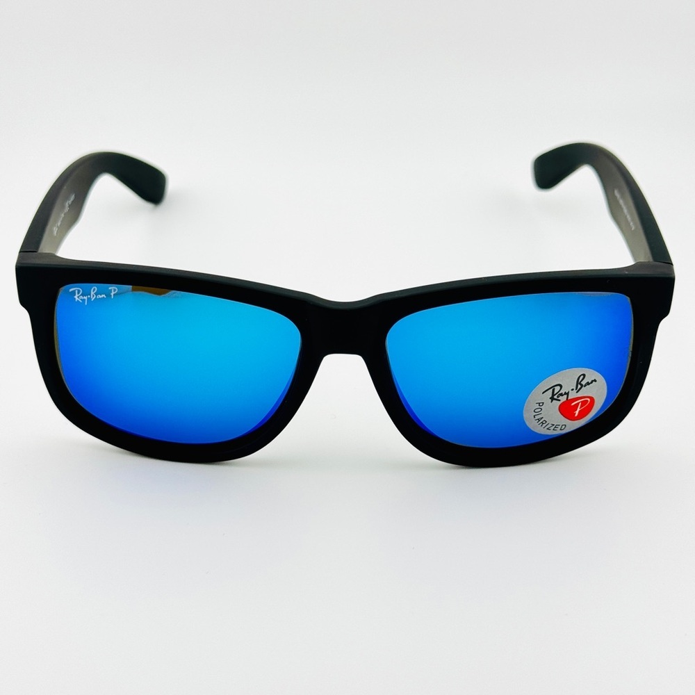 Ray-Ban Justin Sunglasses RB4165 Matte Rubber Black Frame Blue Mirror Lenses - Picture 7 of 15